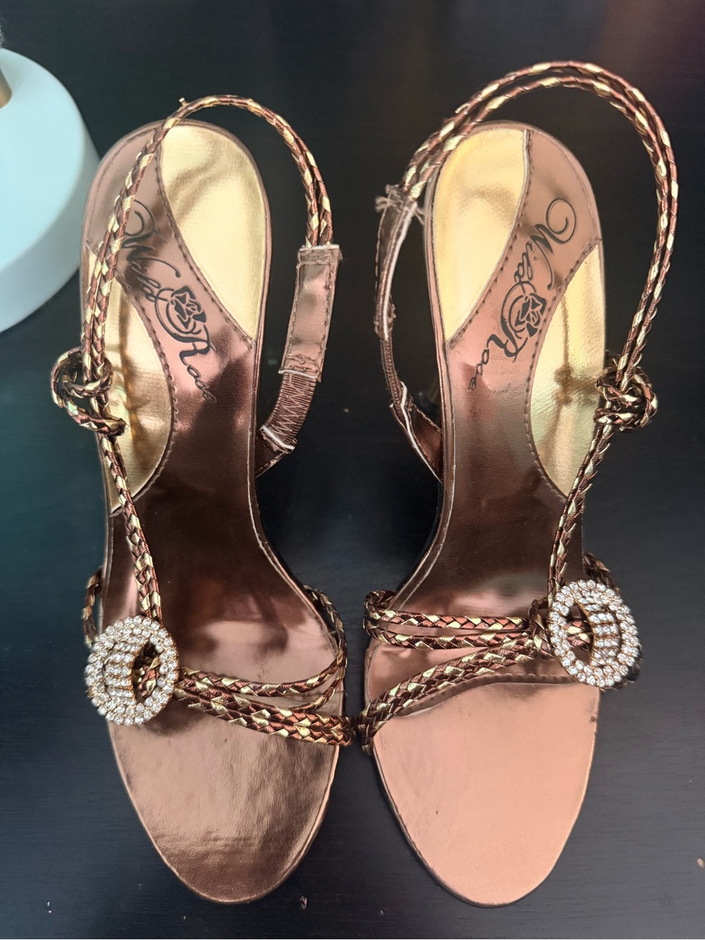 Wild Rose Metallic Bronze Braided Slingback Heels with Crystal Buckles